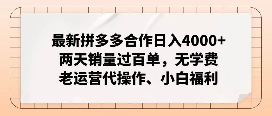 最新拼多多合作日入4000+两天销量过百单，无学费、老运营代操作、小白福利-天麒项目网_中创网会员优质付费教程和创业项目大全