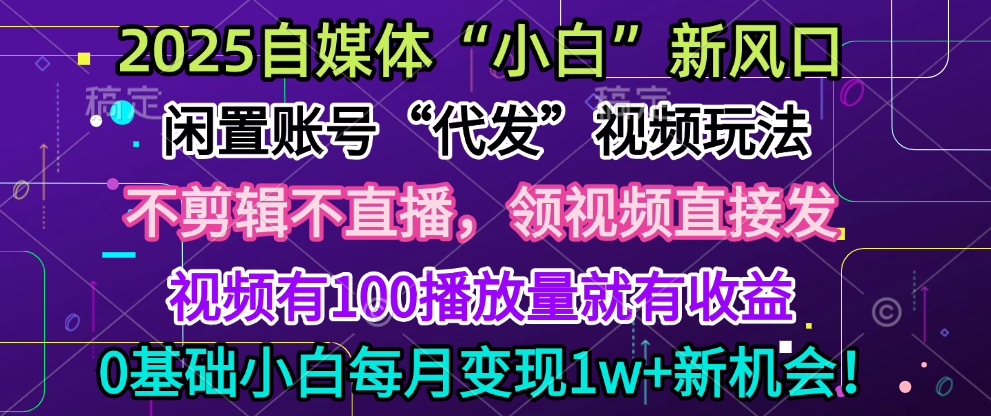 2025每月躺赚5w+新机会，闲置视频账号一键代发玩法，0粉不实名不剪辑，领了视频直接发，0基础小白也能日入300+-天麒项目网_中创网会员优质付费教程和创业项目大全